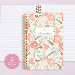 travel journal NOTEBOOK | personalized journal | dot journal | personalized gift | blank spiral notebook | sage pink gold floral