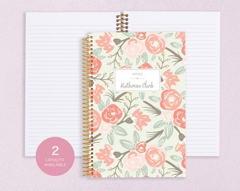 travel journal NOTEBOOK | personalized journal | dot journal | personalized gift | blank spiral notebook | sage pink gold floral