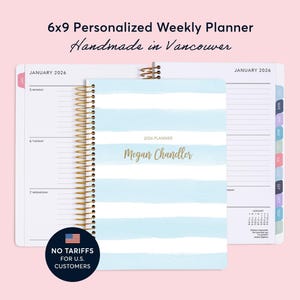2026 Personalized Planner - Academic Planner - 2026-2027 Daytimer - Student Agenda - Blue Watercolor Stripes - NO TARIFFS