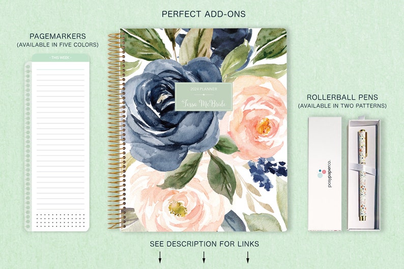 8.5x11 weekly planner 2024 2025 choose your start month 12 month calendar LARGE WEEKLY PLANNER navy blush roses image 9