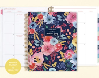 8.5x11 MONTHLY PLANNER notebook | 2024 2025 no weekly view | choose your start month | 12 month calendar | blue pink watercolor floral