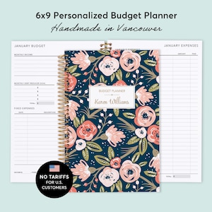 BUDGET PLANNER - Finance Planner 6x9 - Expense Tracker - Choose Your Start Month - Navy Pink Gold Floral