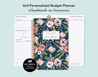 BUDGET PLANNER - Finance Planner 6x9 - Expense Tracker - Choose Your Start Month - Navy Pink Gold Floral - No Tariffs