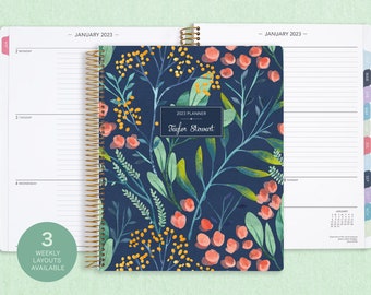 8.5x11 weekly planner  2024 2025 | choose your start month | 12 month calendar | LARGE WEEKLY PLANNER | navy watercolor floral