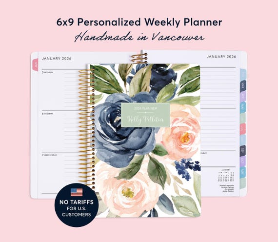 Personalized Planner 2026 - 6x9 Weekly Planner - 2025 2026 Planner - Custom Agenda - Academic Planner - Navy Blush Roses - NO TARIFFS