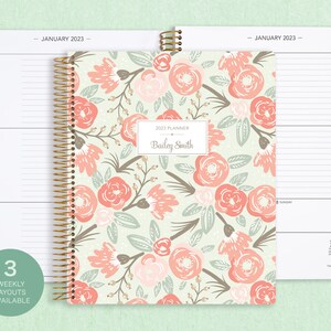 8.5x11 weekly planner  2024 2025 | choose your start month | 12 month calendar | LARGE WEEKLY PLANNER | sage pink gold floral