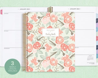 8.5x11 weekly planner  2024 2025 | choose your start month | 12 month calendar | LARGE WEEKLY PLANNER | sage pink gold floral