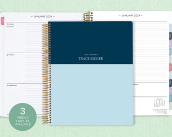 2024 2025 8.5x11 weekly men planner | choose your start month | 12 month calendar | LARGE WEEKLY PLANNER | navy blue color block