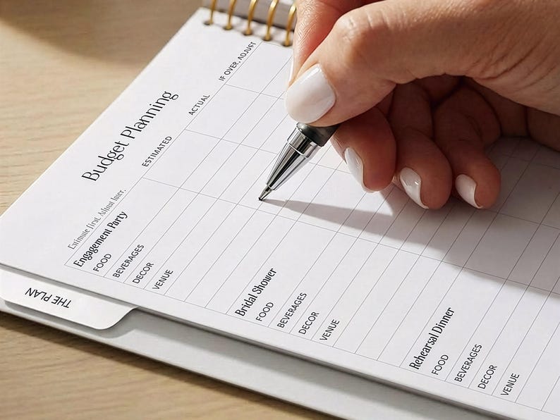 May include: A hand holding a pen writing on a spiral-bound planner. The planner is open to a page titled "Budget Planning" with sections for "Engagement Party," "Bridal Shower," and "Rehearsal Dinner." The page includes columns for "Estimated" and "Actual" costs.