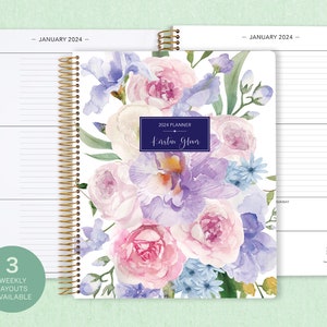 8.5x11 weekly planner  2024 2025 | choose your start month | 12 month calendar | add your name | LARGE WEEKLY PLANNER | flirty florals mauve