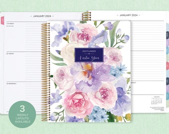 8.5x11 weekly planner  2024 2025 | choose your start month | 12 month calendar | add your name | LARGE WEEKLY PLANNER | flirty florals mauve