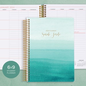 STUDENT PLANNER 6x9 2024-2025 calendar | personalized weekly academic planner | choose your start month | teal watercolor ombré