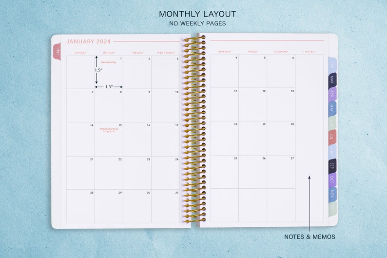 MONTHLY PLANNER 2024 2025 no weekly view choose your start month 12 month calendar monthly tabs pink blue white watercolor floral image 2