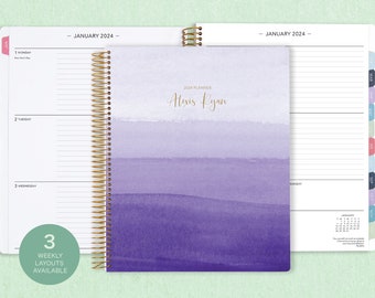 8.5x11 weekly planner  2024 2025 | choose your start month | 12 month calendar | LARGE WEEKLY PLANNER | purple watercolor ombré