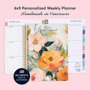 Agenda 2026 personnalisé - Agenda hebdomadaire 6 x 9 2025-2026 - Cadeaux pour elle - Rêves fleuris orange vert - SANS TARIF