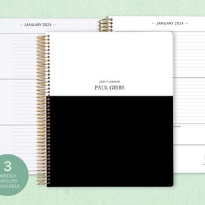 2024 2025 8.5x11 weekly men planner | choose your start month | 12 month calendar | LARGE WEEKLY PLANNER | black white color block