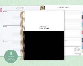 2024 2025 8.5x11 weekly men planner | choose your start month | 12 month calendar | LARGE WEEKLY PLANNER | black white color block