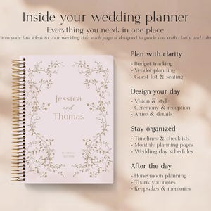 May include: A pink wedding planner with gold spiral binding. The cover features the names "Jessica and Thomas" and floral design. Text on the page includes "Plan with clarity" and "Design your day."