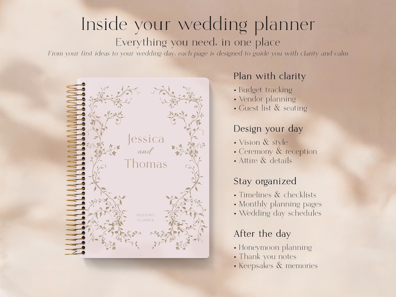 May include: A pink wedding planner with gold spiral binding. The cover features the names "Jessica and Thomas" and floral design. Text on the page includes "Plan with clarity" and "Design your day."