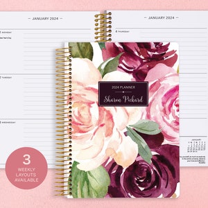 6x9 Agenda 2024 2025 - Personalized Planner - 12 Month Planner - Add Monthly Tabs - Custom Weekly Planner - Daytimer - Plum Blush Roses