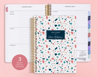 Academic Planner 2024-2025 Calendar | Weekly Student Planner | Add Monthly Tabs | Personalized Planner Agenda | Pink Teal Terrazzo