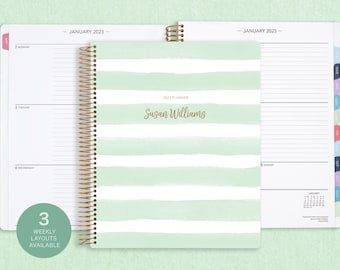 8.5x11 weekly planner  2024 2025 | choose your start month | 12 month calendar | LARGE WEEKLY PLANNER | mint green watercolor stripes