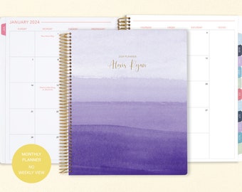 8.5x11 MONTHLY PLANNER notebook | 2024 2025 no weekly view | choose your start month | 12 month calendar | purple watercolor ombré