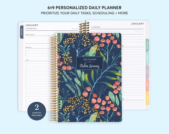 DAILY PLANNER - Personalized Productivity Planner - 2025 2026 - 6x9 Hourly Planner - Navy Watercolor Floral
