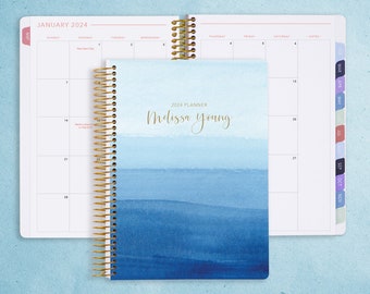 MONTHLY PLANNER | 2024 2025 no weekly view | choose your start month | 12 month calendar monthly tabs personalized | blue watercolor ombré