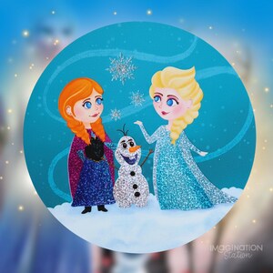 May include: A circular illustration of two cartoon princesses and a snowman on a blue background. The princesses wear sparkly dresses, one with red hair and the other with blonde hair. The snowman has a carrot nose. The text "IMAGINATION Station" is at the bottom.