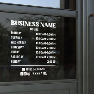 Shop Hours Decal - Custom Store Hours Decal - Business Door Sign, Hours of Operation | Open Closed Sign for Store Front - Window Decal