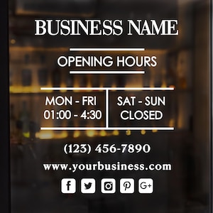 Business Opening Hours Decal - Custom Business Hours Decal - Business Door Sign for Hours of Operation | Store Front signs  - Window Decals