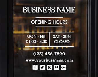 Business Opening Hours Decal - Custom Business Hours Decal - Business Door Sign for Hours of Operation | Store Front signs  - Window Decals