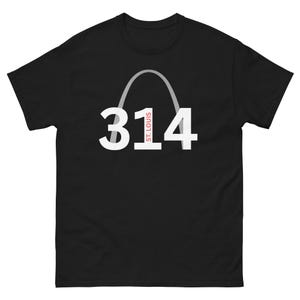 May include: Black t-shirt featuring a white graphic of the St. Louis Arch and the number 314. The text "ST. LOUIS" is in red.