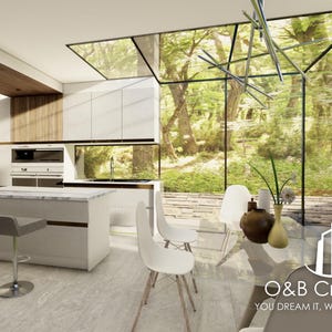 Puede incluir: Diseño de cocina moderno con gabinetes blancos, una isla con encimera de mármol con taburetes de bar y una gran ventana con vista a un exuberante paisaje verde. La cocina cuenta con electrodomésticos de acero inoxidable y una lámpara contemporánea.