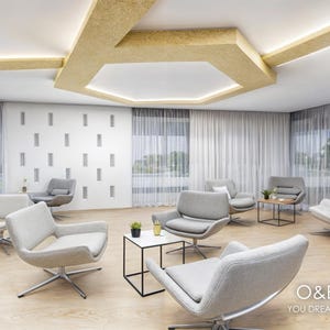 Puede incluir: Una sala de espera moderna con paredes blancas y un techo hexagonal. La sala cuenta con cortinas blancas, una mesa de café negra y varias sillas grises.