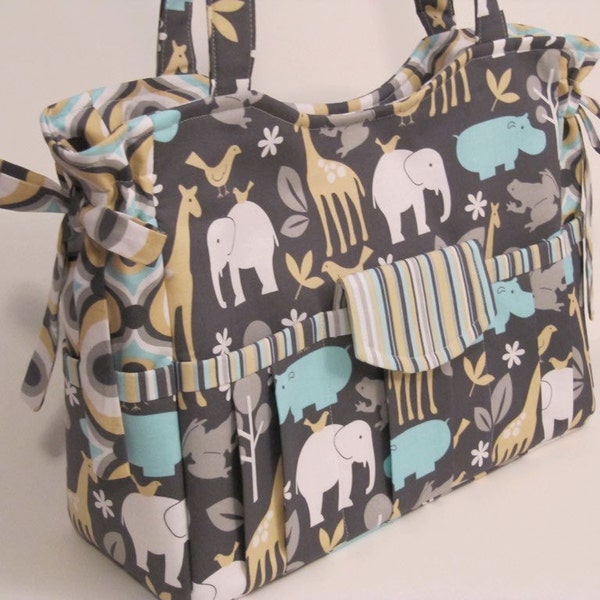 DeaniesDuffles MERCY ROSE Diaper Bag or Tote in Zoology and Play Stripe in Sea and Feeling Groovy in Sea by Michael Miller