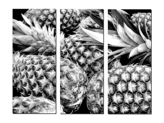 Black & White Pineapples Canvas Triptych, 3 Panel Art, LARGE, Ready to Hang