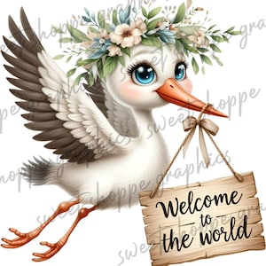 Clipart aquarelle belle cigogne, fond transparent, graphiques, téléchargement immédiat, pour un usage commercial, téléchargement numérique, imprimable
