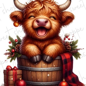 Highland Christmas Cows,  Watercolor Clipart, Transparent Background, Instant Download, For Commercial Use, Digital Download, Printable