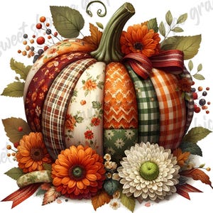 Watercolor Pumpkin Clipart: Patchwork Style, Transparent PNG (Digital Download, Commercial Use)