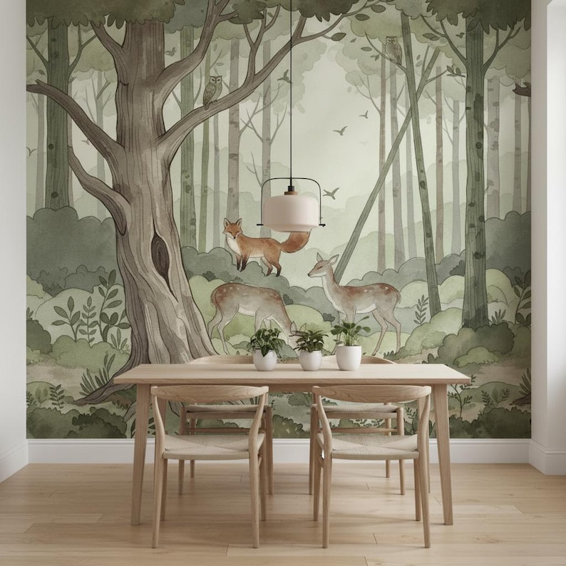 Forest Animals Wallpaper | Watercolor Woodland Mural | Deer Fox Nursery ...
