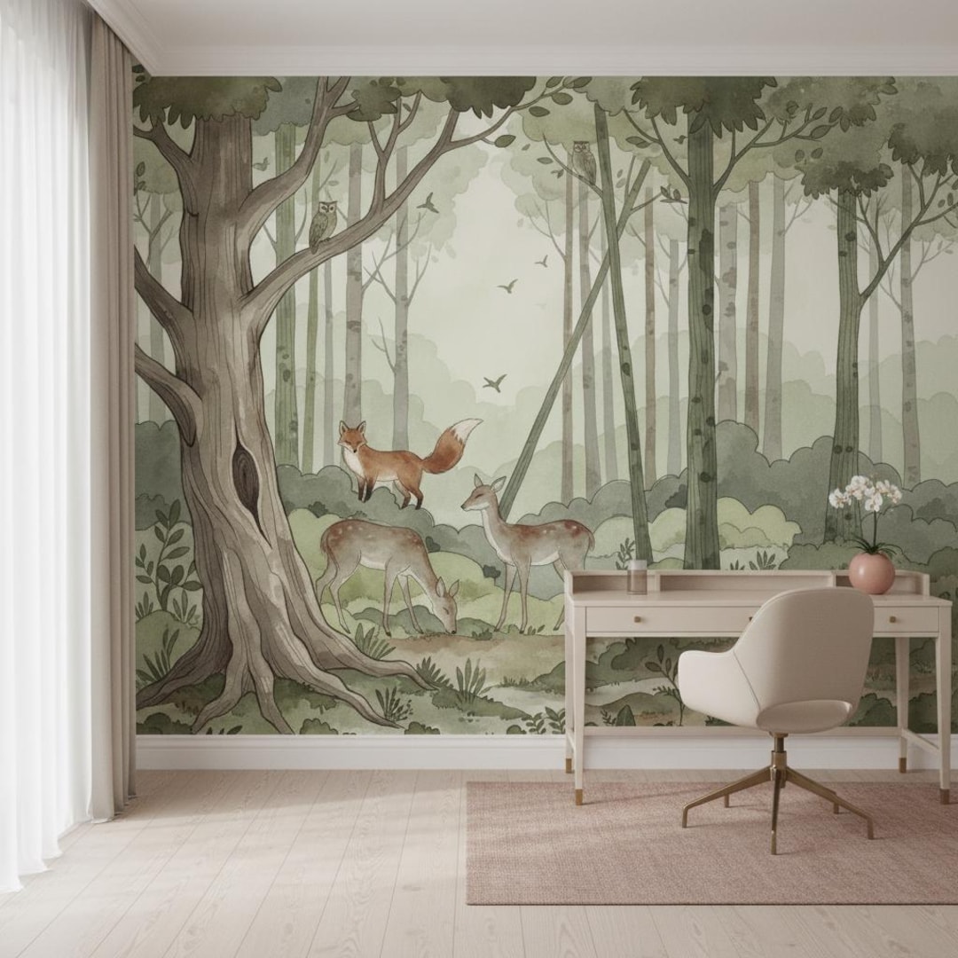 Forest Animals Wallpaper | Watercolor Woodland Mural | Deer Fox Nursery ...