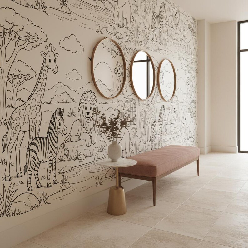 Safari Coloring Wallpaper | Jungle Animals Wall Mural | Kids ...