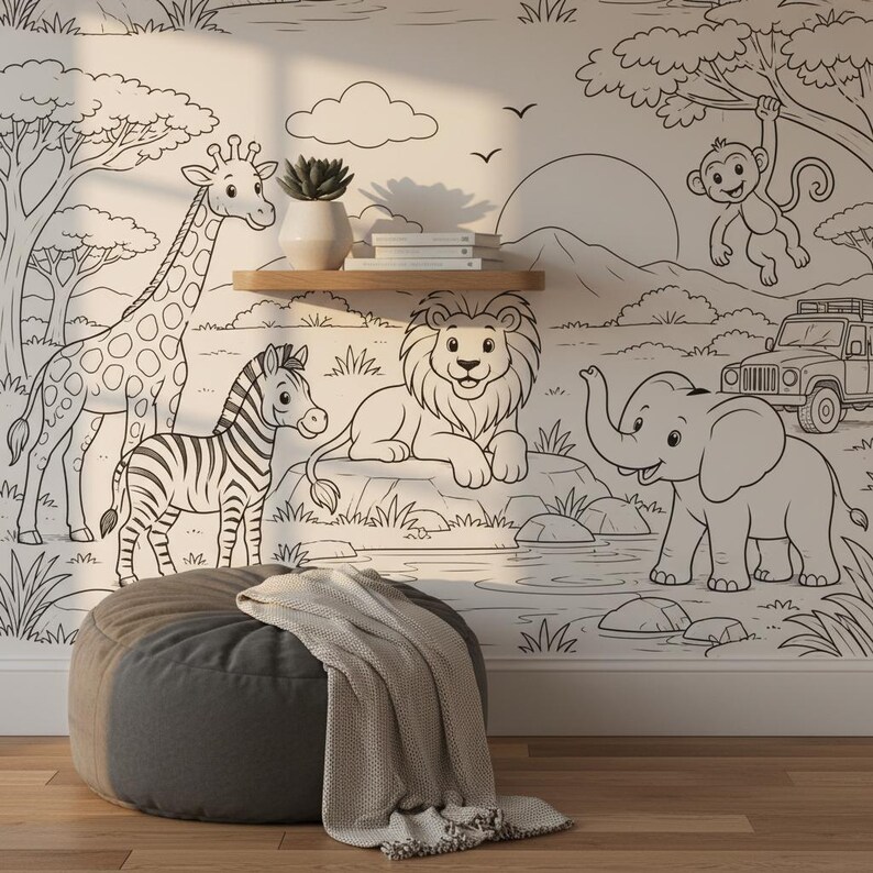 Safari Coloring Wallpaper | Jungle Animals Wall Mural | Kids ...