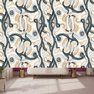 May include: A wallpaper pattern featuring a repeating design of dark charcoal gray, tan, and white swirling, organic, and vine-like shapes. The intricate graphic print includes curved lines, circular spirals, and textured details on a white background.