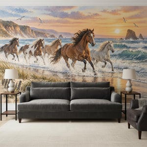 May include: A wall mural depicting a herd of horses running through ocean surf at sunset. The scene features five horses of various colors, including brown, white, and spotted, galloping along a sandy beach with cliffs and birds in the sky.