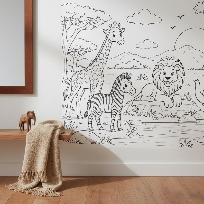 Safari Coloring Wallpaper | Jungle Animals Wall Mural | Kids ...