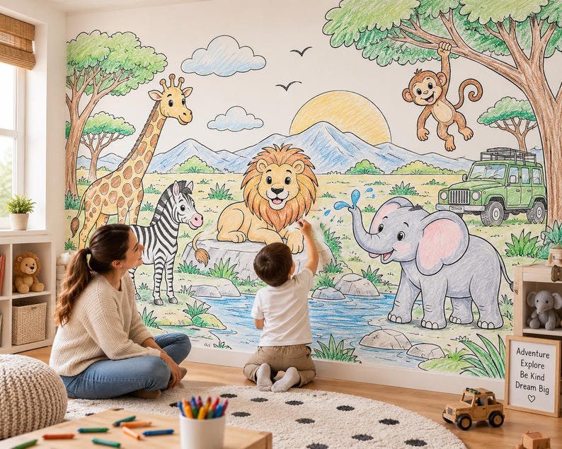 Safari Coloring Wallpaper | Jungle Animals Wall Mural | Kids ...