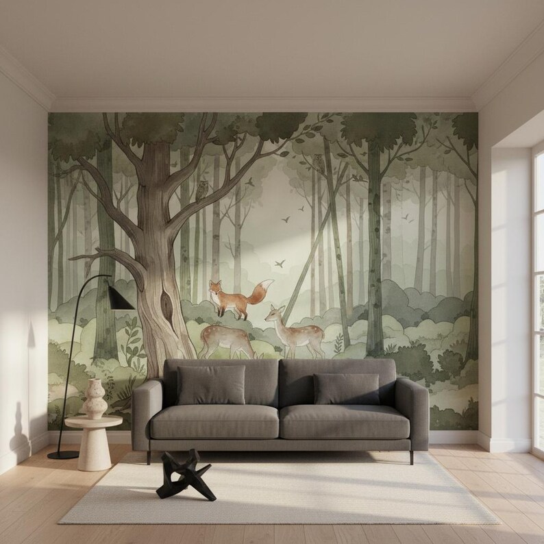 Forest Animals Wallpaper | Watercolor Woodland Mural | Deer Fox Nursery ...